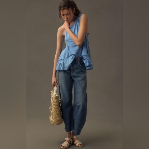 Pilcro Anthropologie Side Buttoned Ruffled Hem Babydoll Muscle Tank Top Blue XSP - Picture 12 of 12